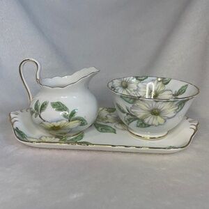 Creamer, open sugar bowl and tray